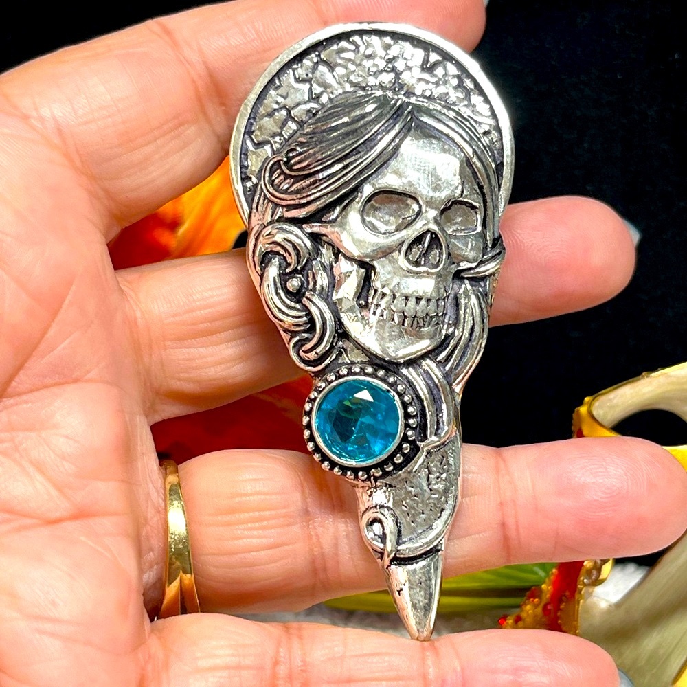 Unique Large Sterling Silver and lab created blue topaz Skull Pendant
